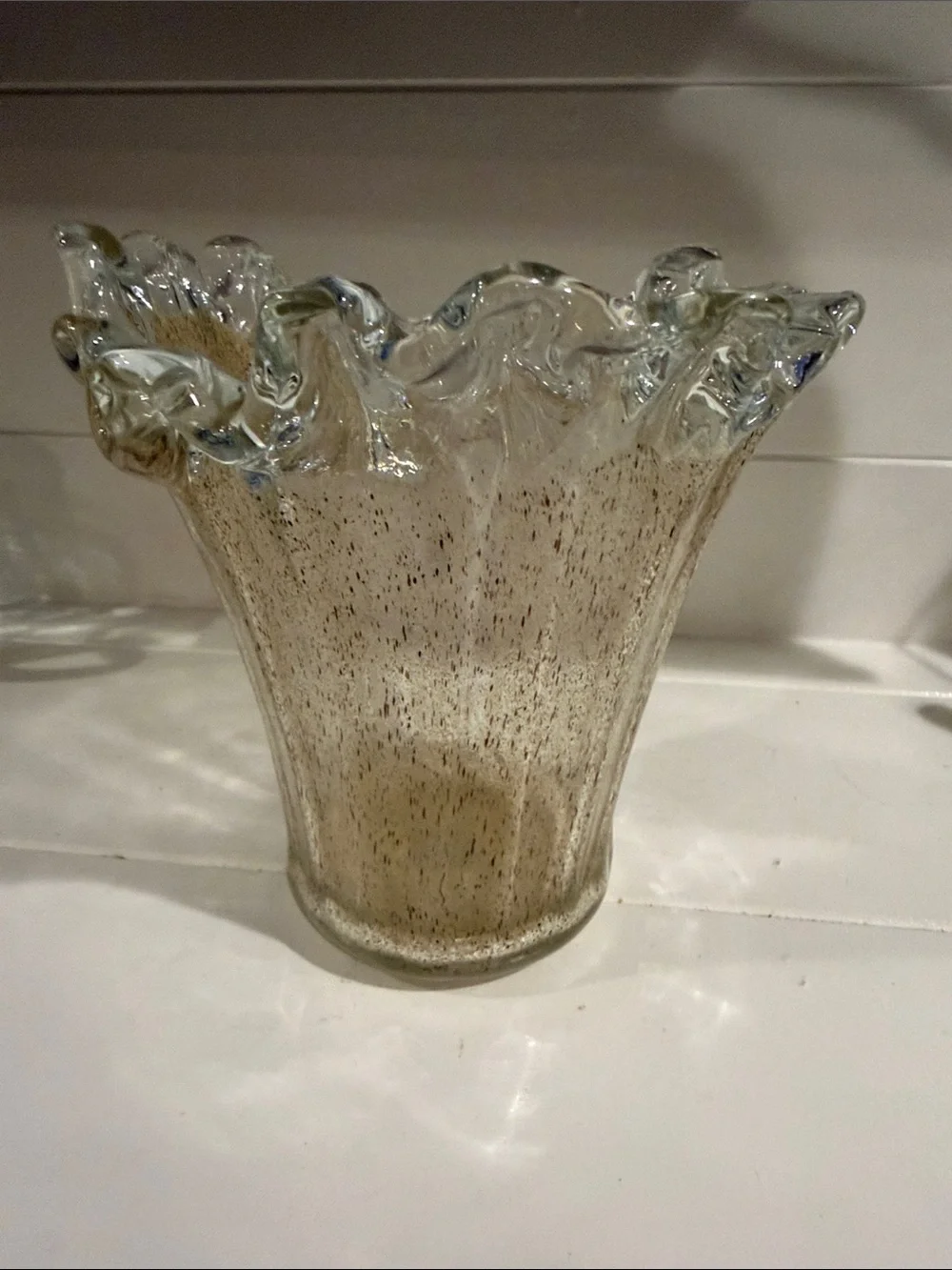 Handblown Ruffled Glass Vase in Clear and Cream